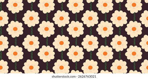 Flower Seamless Pattern with Cute Nature Wild Field Florals Isolated on Black Background. Doodle quirky summer and spring plants. Feminine repeatable backdrop perfect for fashion, clothing, cards