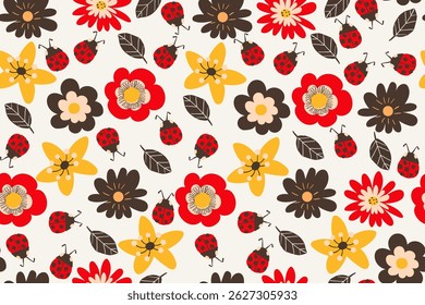 Flower Seamless Pattern with Cute Yellow, Red and Black Florals. Doodle quirky summer and spring plants. Feminine repeatable backdrop perfect for fashion, clothing, cards, invitations, wrapping paper