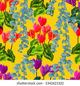 Flower seamless pattern with cyclamen and tropical leaves - vector 