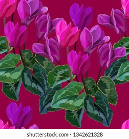 Flower seamless pattern with cyclamen - vector 