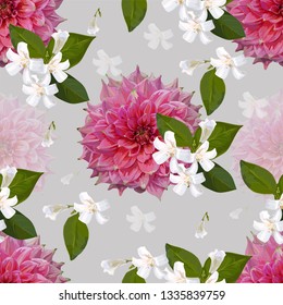 Flower seamless pattern with dahlia and orange jasmine vector illustration