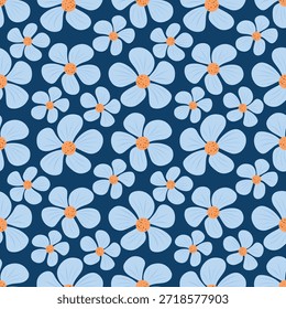 Patrón de flores sin fisuras, fondo azul oscuro. Patrón de tela azul. Diseño floral sin fisuras