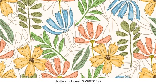 Flor design padrão sem emenda com flores e folhas bonitas. Flor arte. floral e design de padrão de folha para tecido, algodão, papel de parede, cetim, envoltório de presente, tapete, fundo.