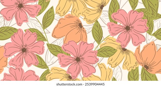 Flor design padrão sem emenda com flores e folhas bonitas. Flor arte. floral e design de padrão de folha para tecido, algodão, papel de parede, cetim, envoltório de presente, tapete, fundo.