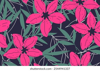 Flor design padrão sem emenda com flores e folhas bonitas. Flor arte. floral e design de padrão de folha para tecido, algodão, papel de parede, cetim, envoltório de presente, tapete, fundo.
