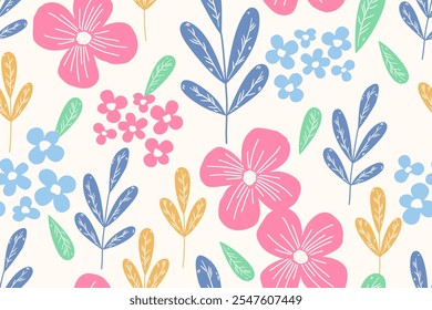 Flor design padrão sem emenda com flores e folhas bonitas. Flor arte. floral e design de padrão de folha para tecido, algodão, papel de parede, cetim, envoltório de presente, tapete, fundo.	