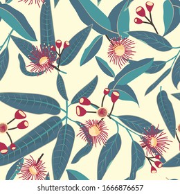 trama floral sin fisuras de hojas de eucalipto y fondo de flores en la ilustración vectorial manual