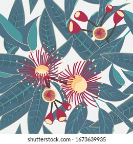 flower seamless pattern of eucalyptus leaves and flowers background in hand drawing vector ilustration