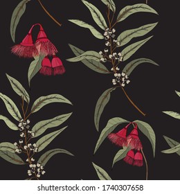 flower seamless pattern of eucalyptus leaves and flowers background in hand drawing vector ilustration