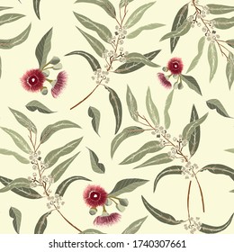 flower seamless pattern of eucalyptus leaves and flowers background in hand drawing vector ilustration