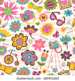 Flower seamless pattern with fashionable things. Heart, flower, bike, camera, glasses, frame. Light background. Hand drawn vector illustration.
