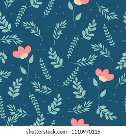 Flower seamless pattern. Field herbs textile print decoration dark blue background fashion traditional vector illustration vintage
