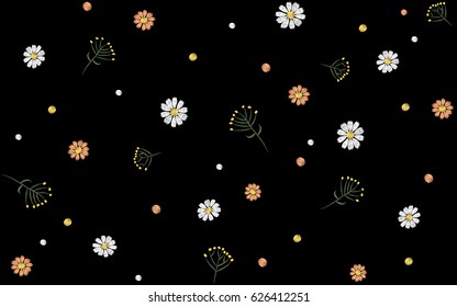 Flower seamless pattern. Field herbs daisy textile print decoration black background fashion traditional vector illustration vintage. Chamomile plant floral ditsy ornament art.