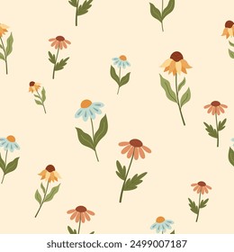 Flower seamless pattern in flat style. Retro flower pattern. Floral digital paper. Hand drawn vector pattern