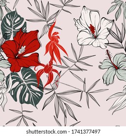 Flower seamless pattern, floral monstera, hibiscus vector background in red pink greeen colors.  Abstract line art illustration, vintage plants, summer leaf wallpaper, trendy texture.