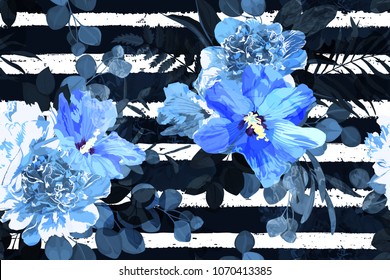 Flower seamless pattern. Floral stripe print. Vector illustration. Watercolor style