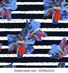 Flower seamless pattern. Floral stripe print. Vector illustration. Watercolor style
