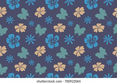 Flower seamless pattern. Pattern with flowers and butterflies on purple background. Vector floral illustration.