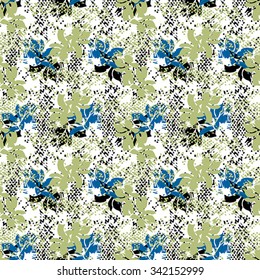 Flower seamless pattern with green, black and blue elements on white background
