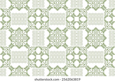 Flower seamless pattern of green pastel. Geometric flower shape pattern on beige background. Ethnic, floral, softness, pixel, modern, minimal and classic concept for fabric texture, wallpaper, decor.
