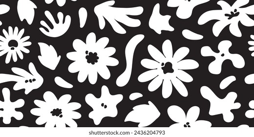 Flower seamless pattern, groovy chamomile background, spring floral print, funky summer daisy textile. Abstract black and white bg. Cute vector illustration