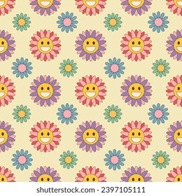 Flower seamless pattern with groovy daisies in trendy retro 70s style. Vector illustration