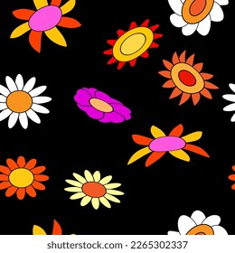 Hippie de trama sin costuras de flores. Flores coloridas fondo de moda estilo retro trippy 70