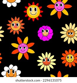 Hippie de trama sin costuras de flores. Flores coloridas fondo de moda estilo retro trippy 70