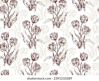 Flower seamless pattern with grunge textured black with pink tulips pattern. Summer graphic floral slub textured background in vintage style