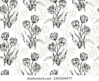 Flor sin costura con negro de textura gruesa con un patrón de tulipanes grises. Sopa floral gráfica de verano textura de fondo en estilo vintage