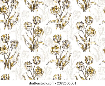 Flower seamless pattern with grunge textured black with dark yellow tulips pattern. Summer graphic floral slub textured background in vintage style