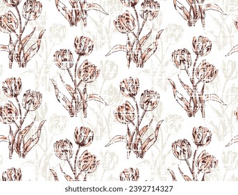 Flower seamless pattern with grunge textured black with red tulips pattern. Summer graphic floral slub textured background in vintage style