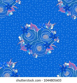 Flower seamless pattern. Hand drawn background with dogrose flowers. Abstract violet and blue roses sketch. Vintage dog rose pattern. Wild rose design. Flower card with dog rose. Flower background.