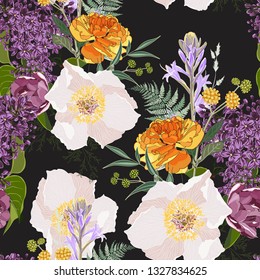 Flower seamless pattern with hand drawn wild flora roses and peony. Realistic isolated seamless flower, blooming wild print, blooming realistic flowers. Black background.