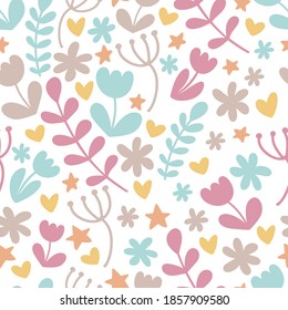 Flower seamless pattern. Hand drawn nature design. Vector  wallpaper with flowers and leaves. Kids sketch doodle style. Pastel color. Funny and cute. Color print for clothes, linens. Paper design.