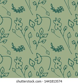 Flower seamless pattern. Hand-drawn doodle light green vector background.