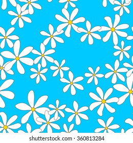 Flower seamless pattern , hand-drawn.Daisies on a blue background