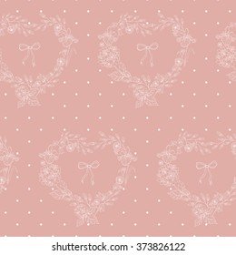 Flower seamless pattern with hearts from flowers and  circles. Valentines day, wedding background. Vector illustration. 