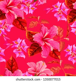 Flower seamless pattern with hibiscus and eggplant flower  -vector