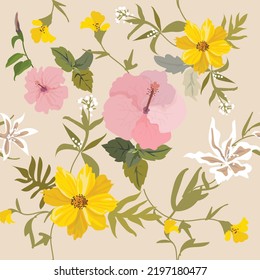 Flower seamless pattern with hibiscus,daisy and a little flowers in vintage styles.