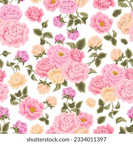 Blume nahtlose Mustergrafik mit bunten Rose-, Pony-, Blumenknospen- und Grünblattelementen