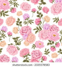 Flower seamless pattern illustration with colorful rose, peony, floral bud, and green leaf branch elements