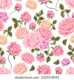 Flower seamless pattern illustration with colorful rose, peony, floral bud, and green leaf branch elements