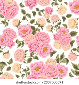 Flower seamless pattern illustration with colorful rose, peony, floral bud, and green leaf branch elements