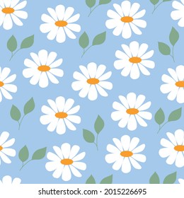 Flower seamless pattern illustration. Daisy print. white chamomile on blue background vector illustration.