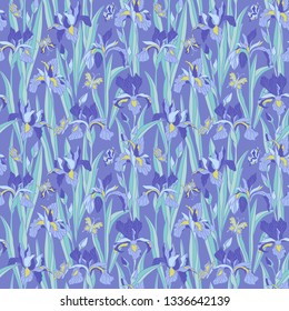 Flower seamless pattern with irises and butterflies purple background
