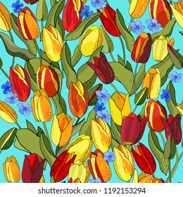 Flower seamless pattern isolated on white background. Endless texture with tulips for design of invitations, cards, gift boxes, textiles, fabric, wallpaper and more.
