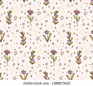 Flower seamless pattern in kawaii doodle style vector illustration