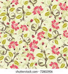 Flower seamless pattern with ladybug, element for design, vector illustration
