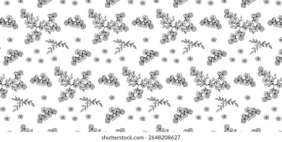 Flower seamless pattern in line mode on a transparent background. Floral seamless background for textile, wrapping, and Fabric. Black color